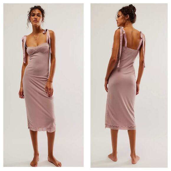 Free People Got Glam Mesh Slip Midi Dress Large Pink Mesh Satin Tie Straps - Picture 1 of 15